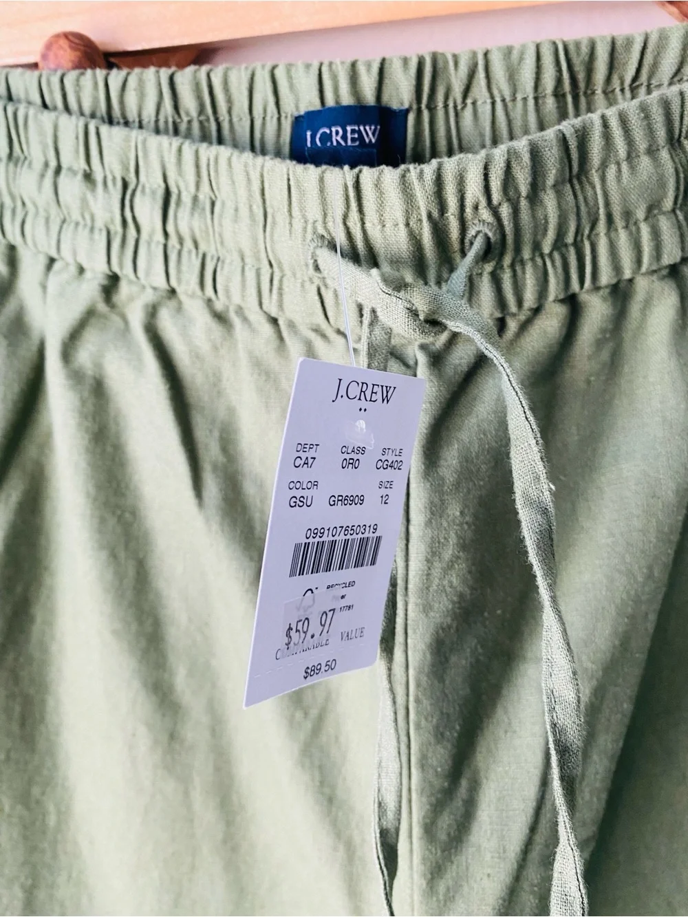 J.Crew NWT Sage Green Linen Blend Pull-On Wide Leg Pants Size 12